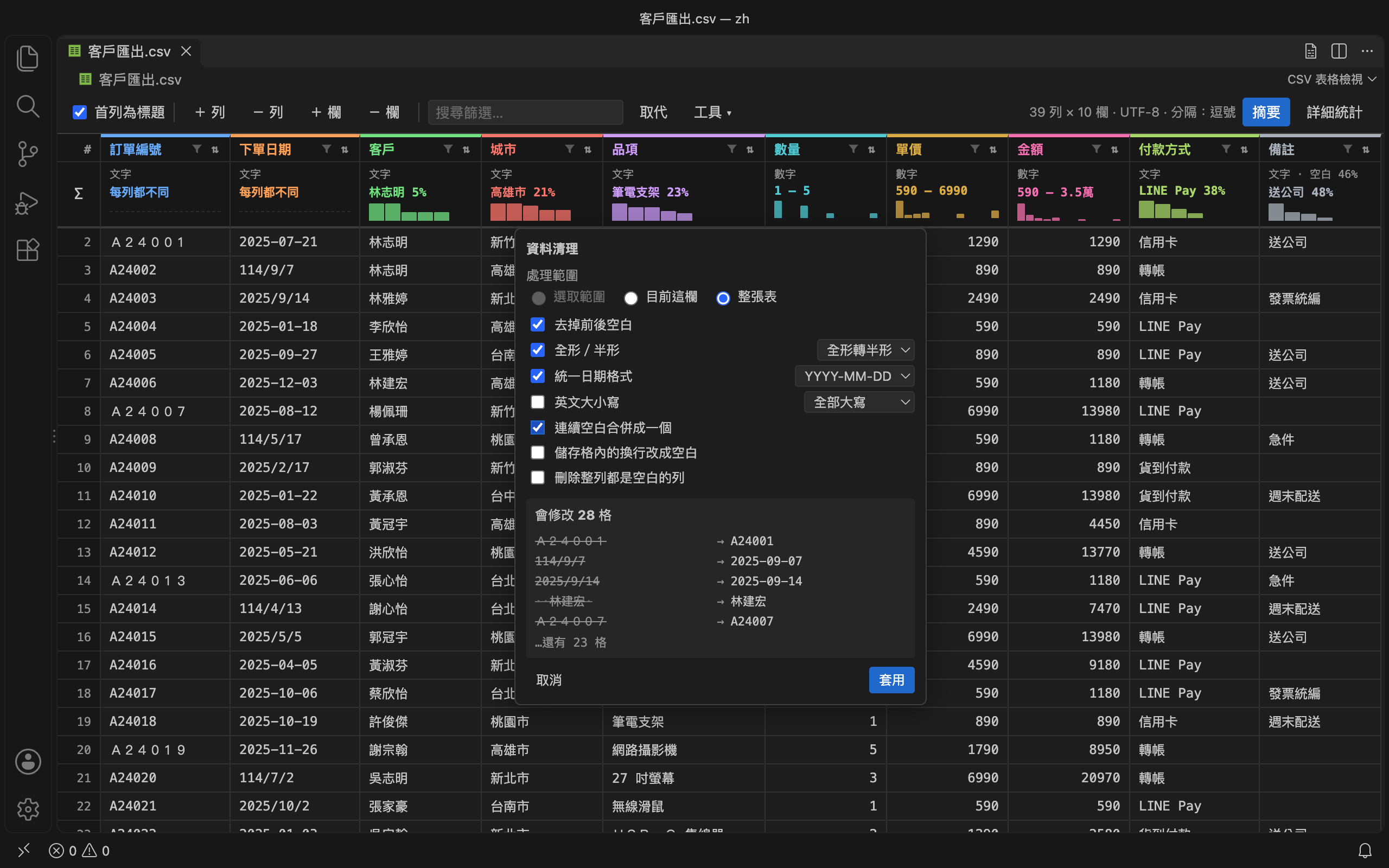 CSV Toolkit 資料清理視窗與變更預覽