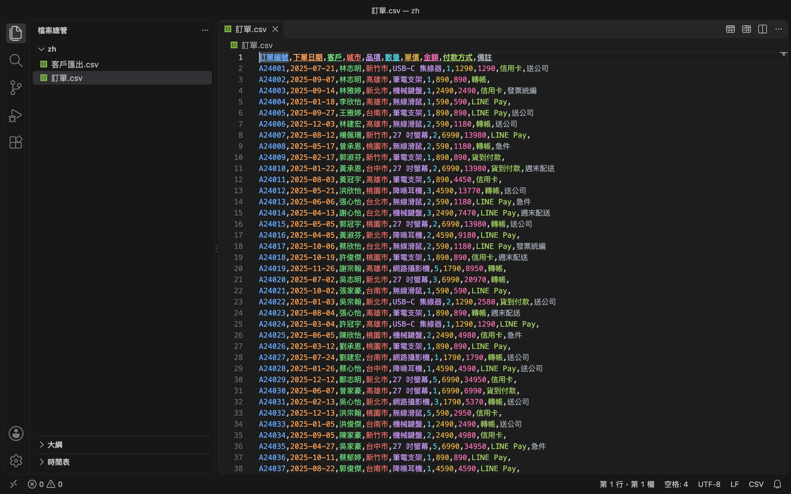 CSV Toolkit 文字模式：每一欄不同顏色